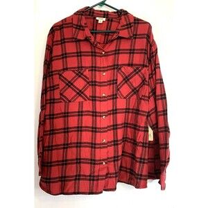 a.n.a Button Down Long Sleeve Cotton Flannel Top - Honey Plaid Red - 2X